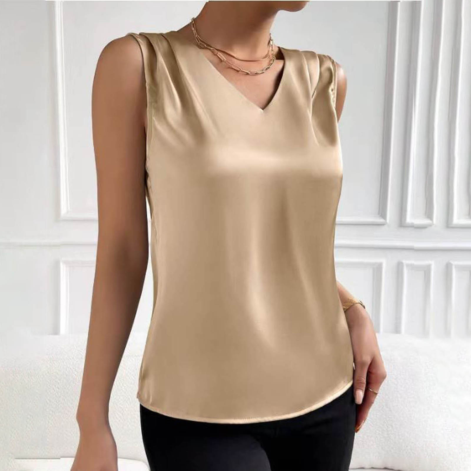 thumbnail image 3 of Top sin mangas de satén con cuello en V para mujer, para el verano, blusa informal transpirable de poliéster de color liso, 3 of 6